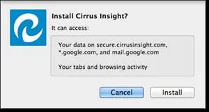 Dialog box prompting to install Cirrus Insight with data access details.