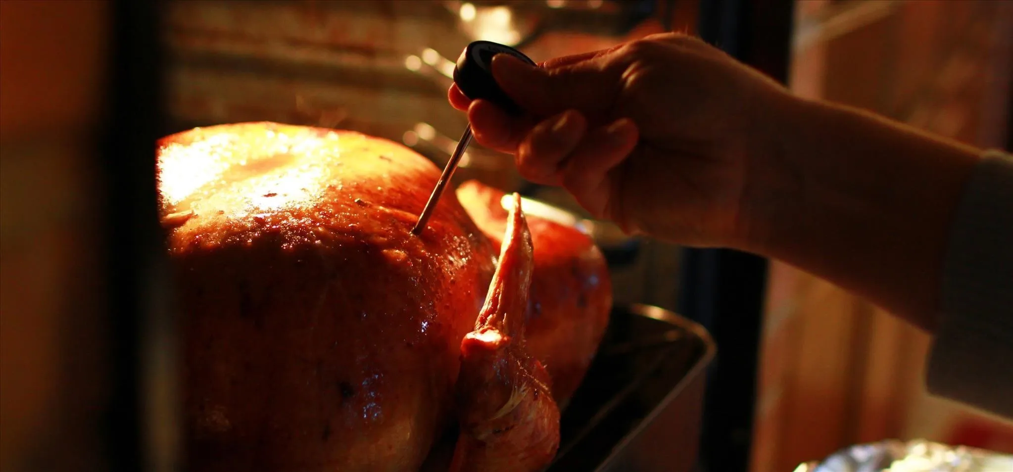 Hand inserting a meat thermometer into a roasted turkey.