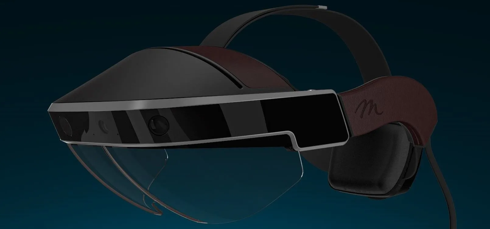 Augmented reality headset with a sleek design and transparent visor.