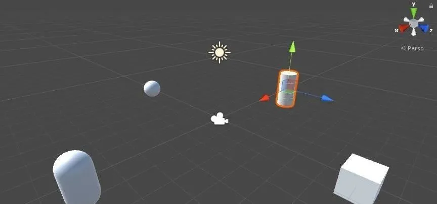 3D modeling scene with basic geometric shapes and directional lights.