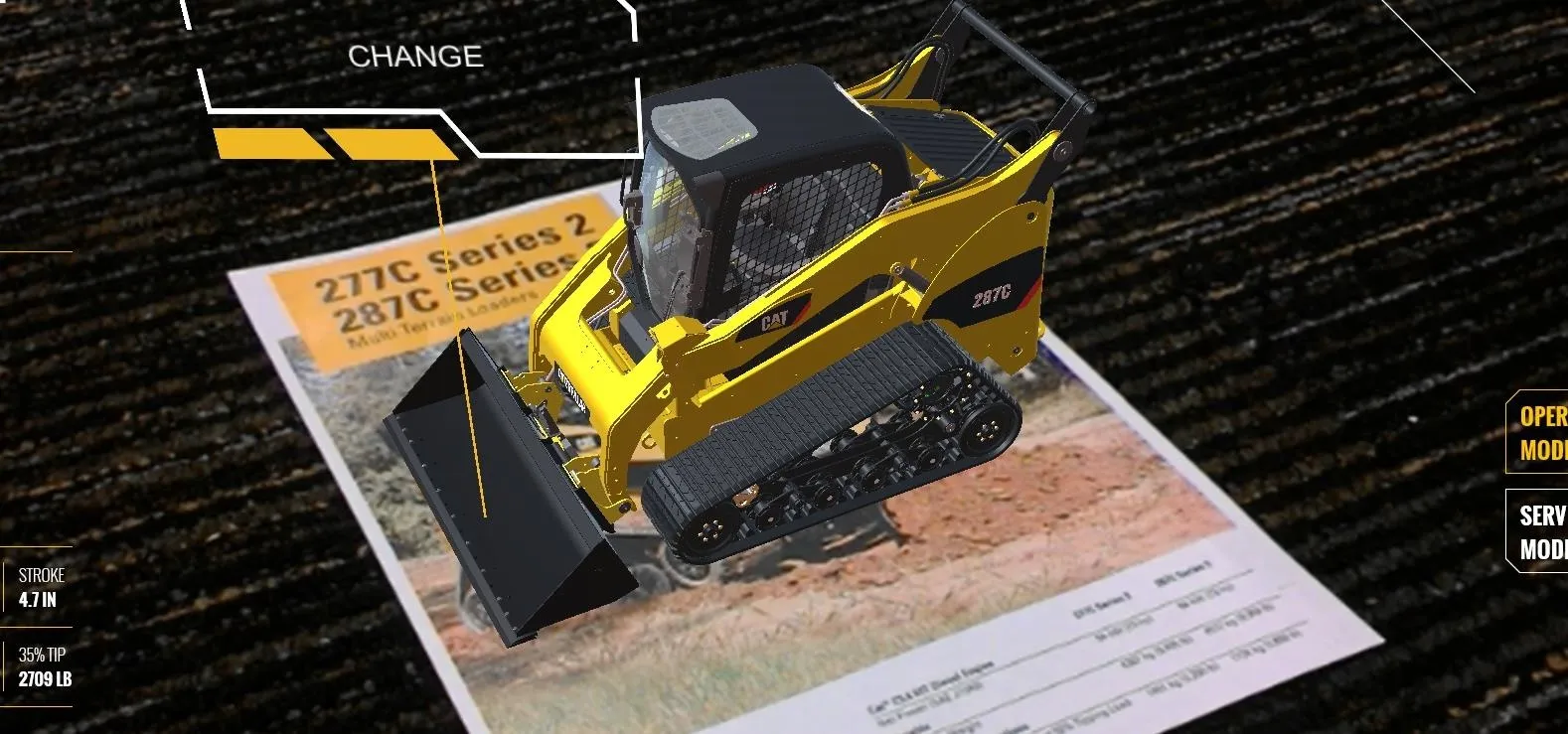 3D render of a yellow compact excavator on a construction site brochure.