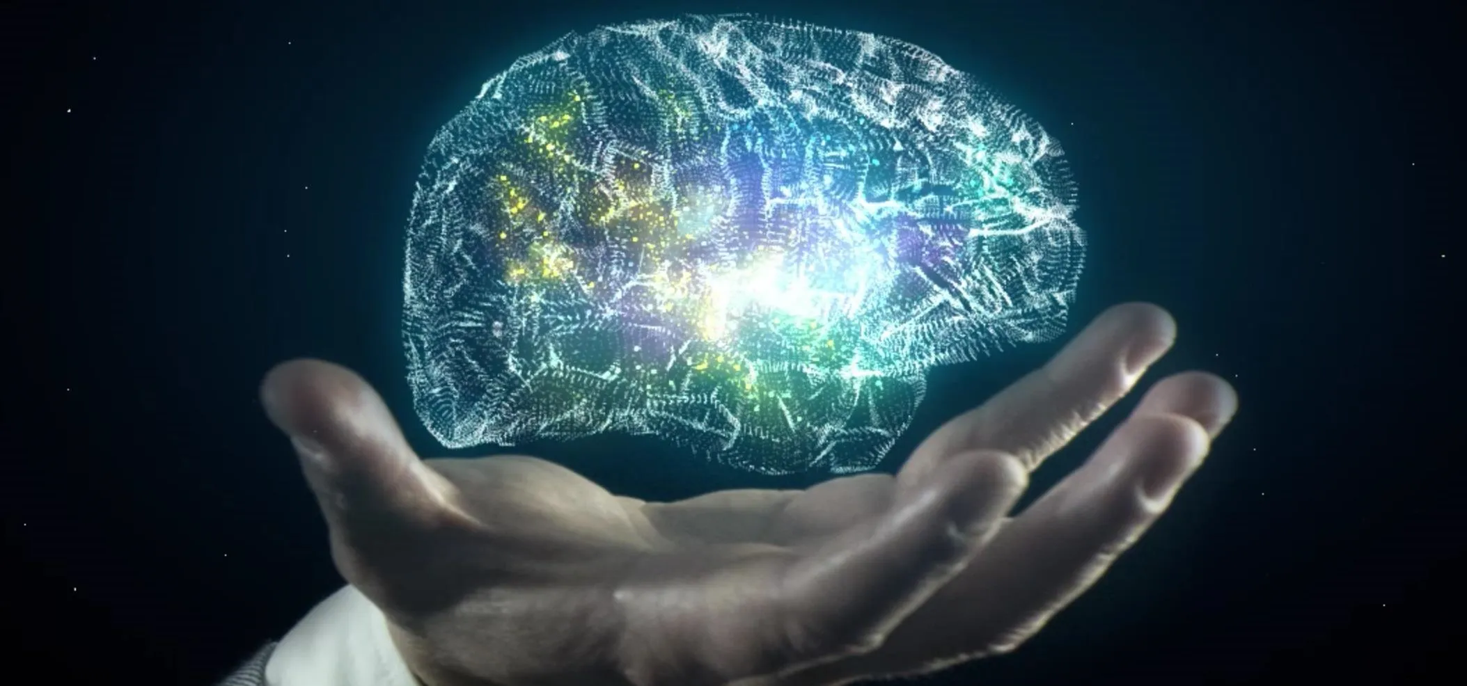 Digital representation of a brain in a hand, symbolizing artificial intelligence and creativity.