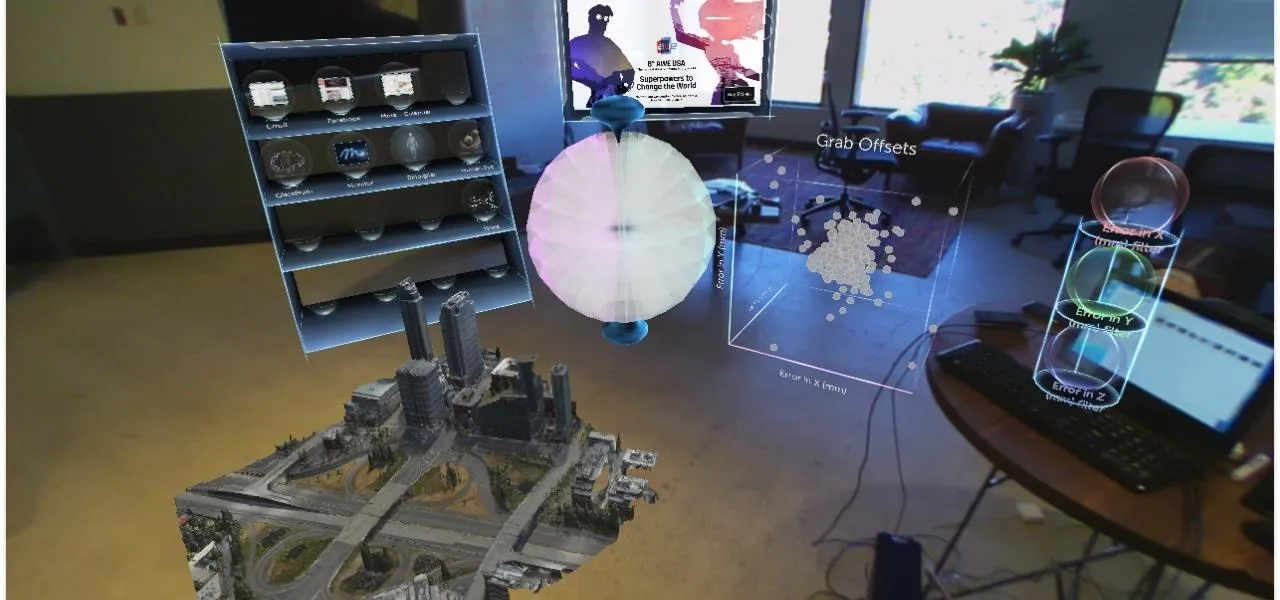 Virtual reality workspace with holographic displays and 3D models.