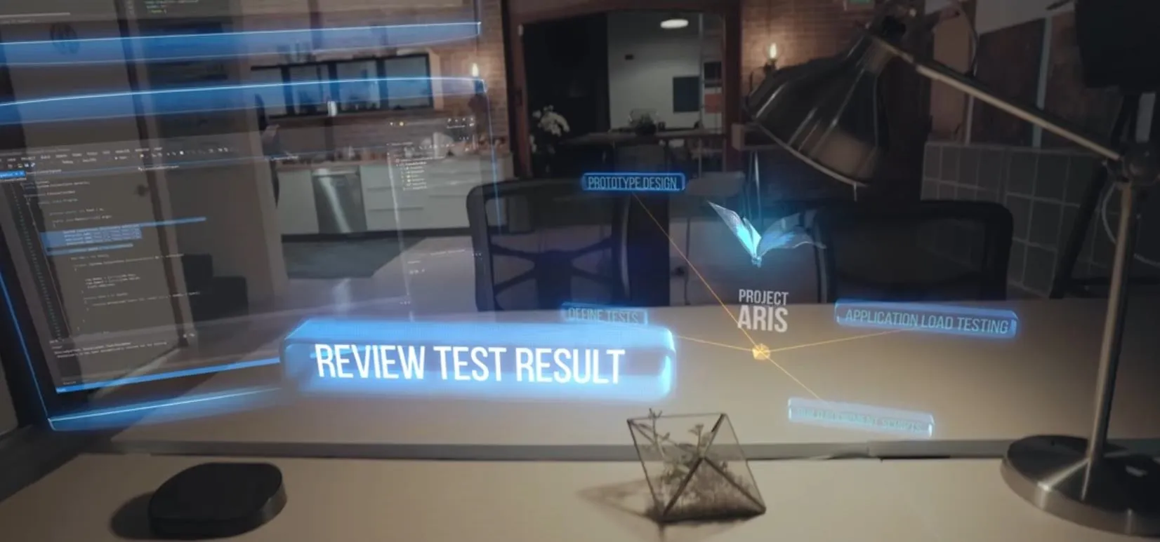 Futuristic interface displaying a "Review Test Result" notification.