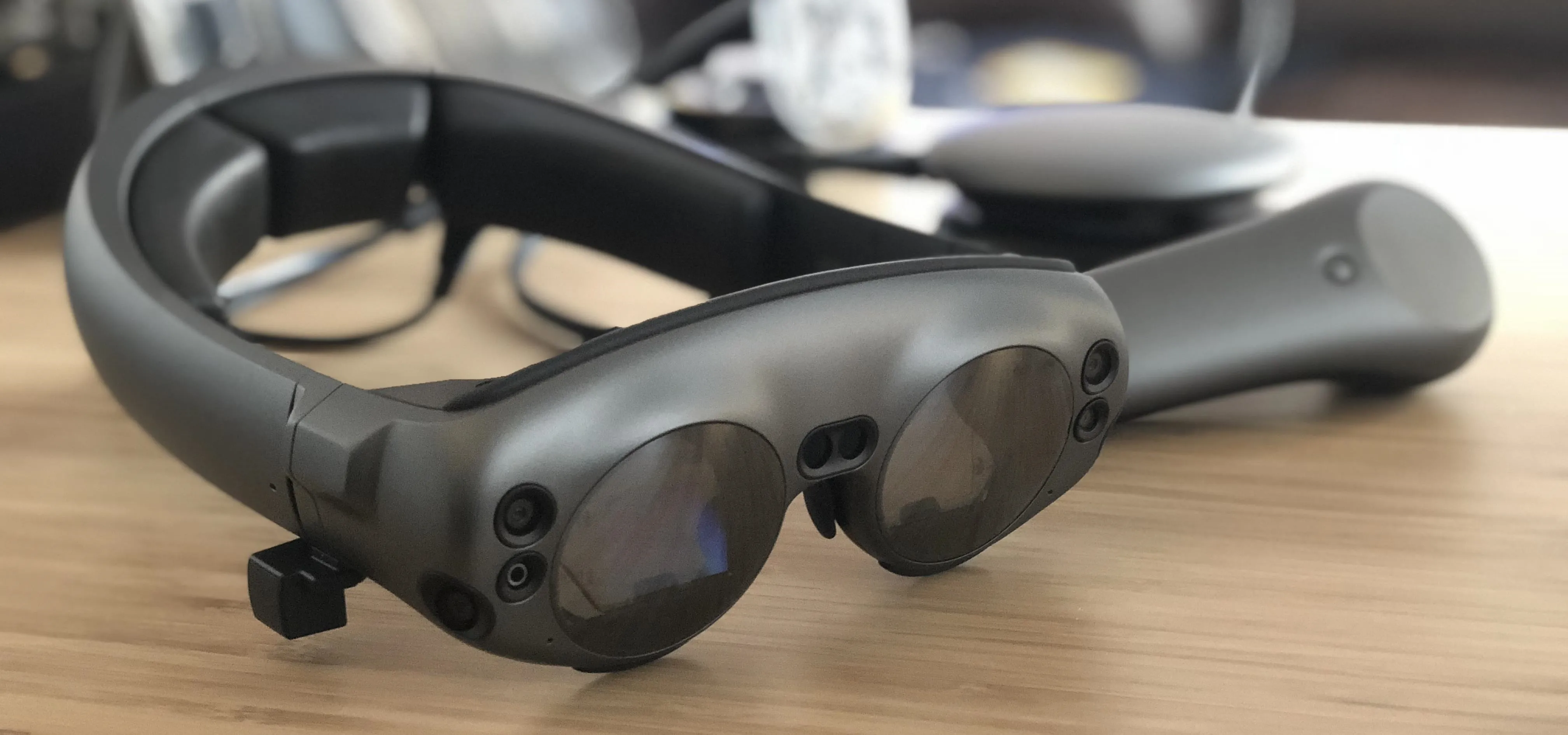 Augmented reality goggles on a table.