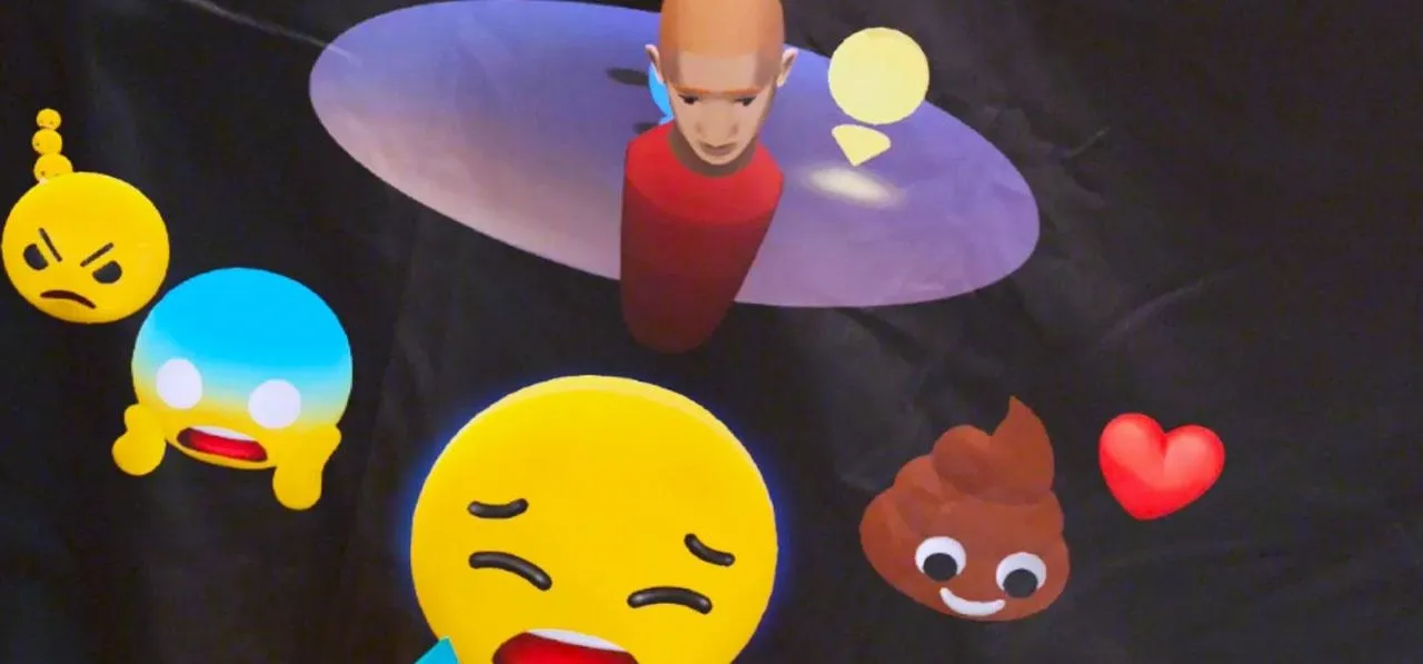 Colorful emoji faces with varied expressions surrounding a figure.