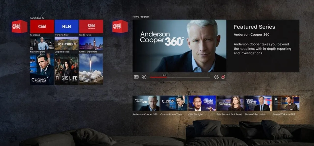 CNN streaming service interface featuring Anderson Cooper 360.