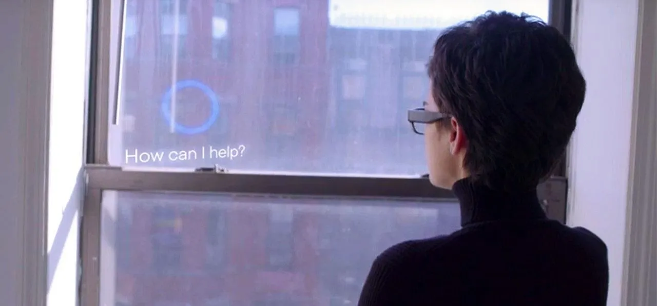 Person looking out a window with a digital interface displaying "How can I help?"