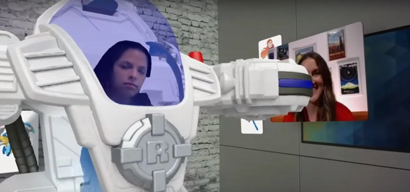 Woman interacting with a virtual reality interface in a futuristic setting.