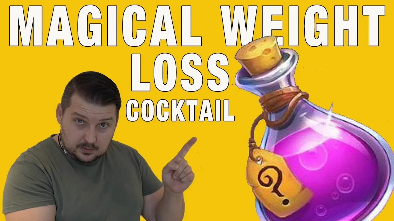 "Person pointing at a colorful potion bottle labeled 'Magical Weight Loss Cocktail'"