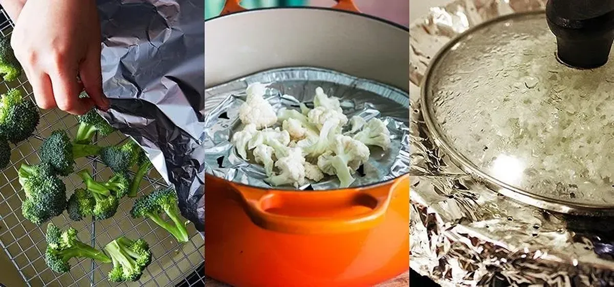 Steaming vegetables on a cooling rack with aluminum foil top, in a aluminum foil pie tin in a pot, and