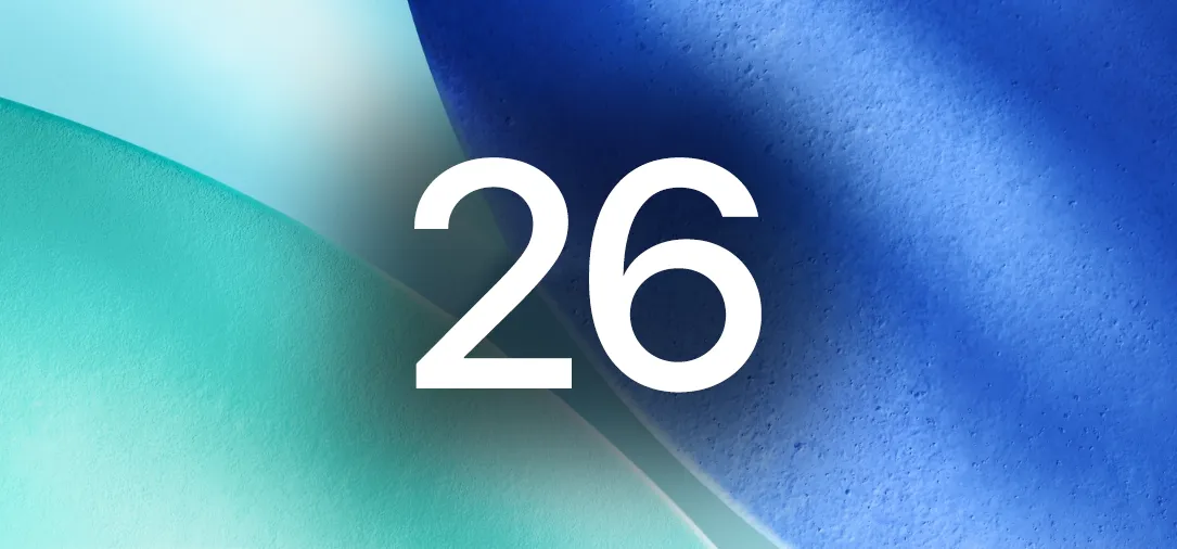 Abstract teal and blue gradient wallpaper with textured swirls, featuring a large white 26 in the center, representing iOS 26.
