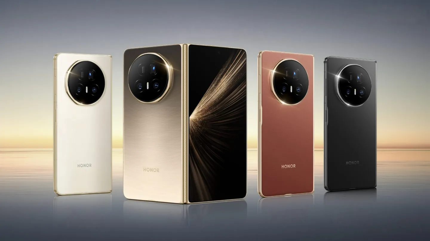 The foldable Honor Magic V5 mobile phone in all available colors on an ocean sunrise background.